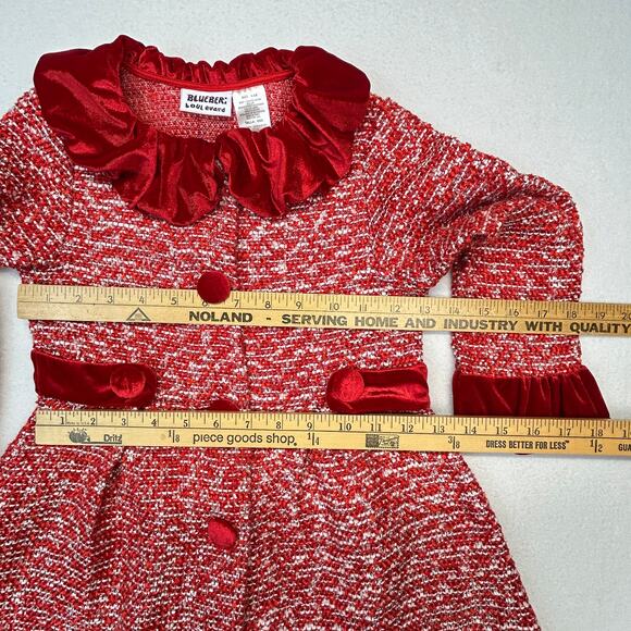 Blueberi Boulevard Tweed Coat Girl 6 Red White Silver Velour Trim Jacket Holiday - Picture 6 of 11